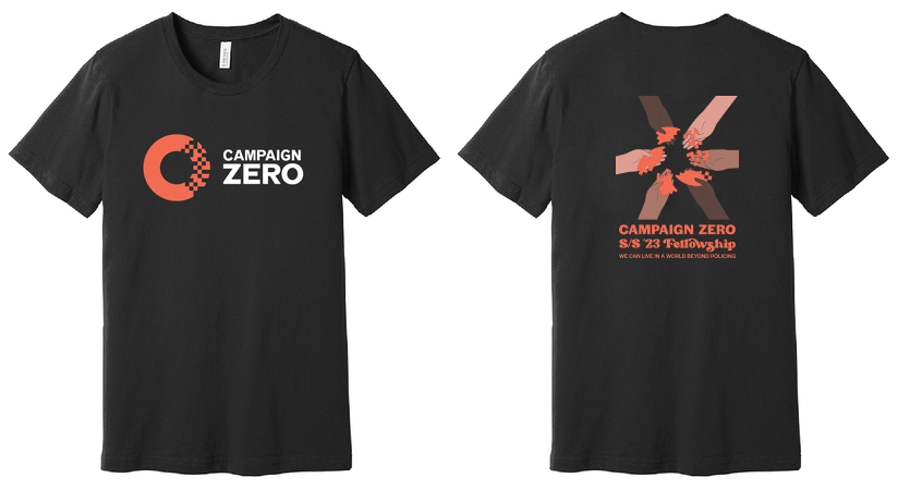 Introducing the "2023 Summer Fellowship Tee" by Campaign Zero—a black, unisex jersey T-shirt featuring the "Campaign Zero" text and logo on the front. Crafted from Airlume combed cotton, this tee provides a slim fit for ultimate comfort. The back displays a striking graphic with the words "Campaign Zero SS 23 Fellowship" and "No organs; we wrap bodies in caskets."