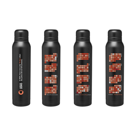 Three black and orange Campaign Zero Mapping Police Violence spray bottles on a white background.