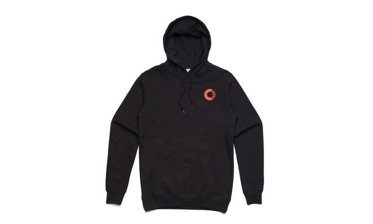 A Campaign Zero Hoodie with an orange logo on it.