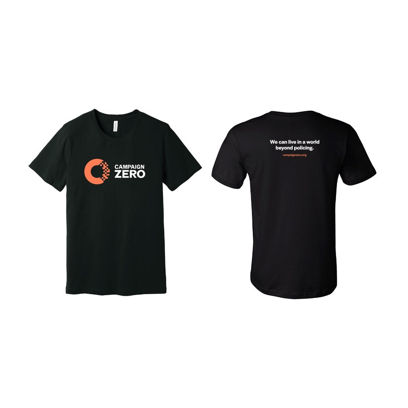 A Campaign Zero BELLA + CANVAS Jersey Tee with the Campaign Zero logo on the front and "We can live in a world beyond policing." and the website URL on the back.