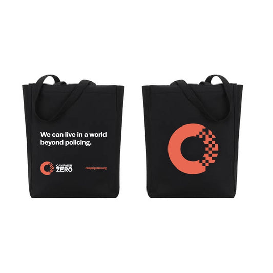 A black All Purpose Tote from Campaign Zero with the words we are a world beyond packaging.