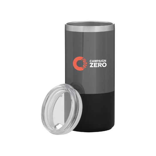 A black and gray Campaign Zero 16oz Thermal Tumbler with a lid and a lid.